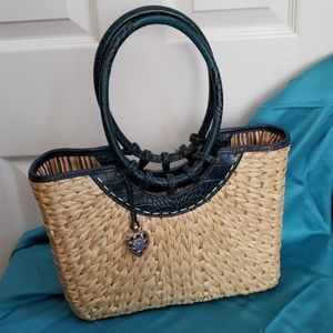 Brighton Blue Croc Leather Woven Straw Tote